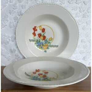 Homer Laughlin 2 Soup Bowls 8 Inch Tulips in Basket Vtg 1942 Wide Embossed Rim